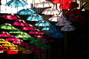 Colorful umbrellas suspended overhead in a street display